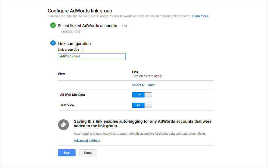 configure AdWords link group'
