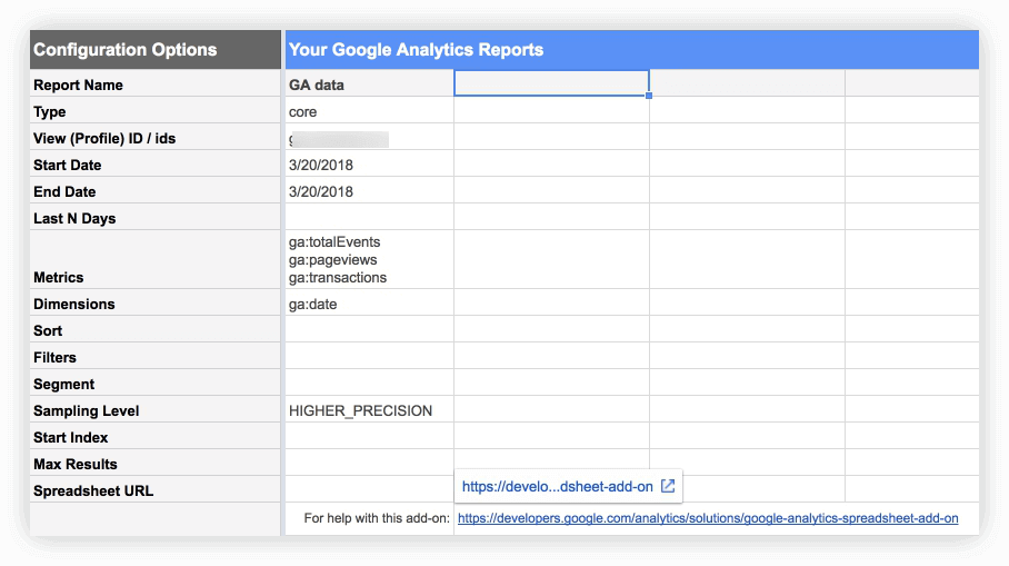 Google Analytics Spreadsheet add-on