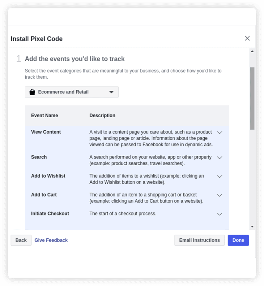 Configuring events for Facebook Pixel