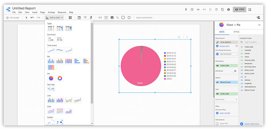 The interface of the Data Studio editor