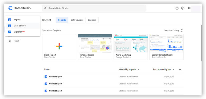 selecting data source in Google Data Studio