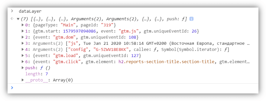 dataLayer command in the developer console