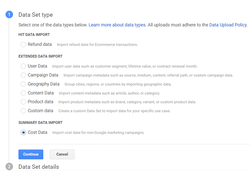 select the data set type