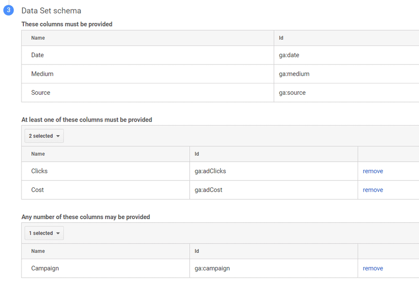 select the parameters for data importing