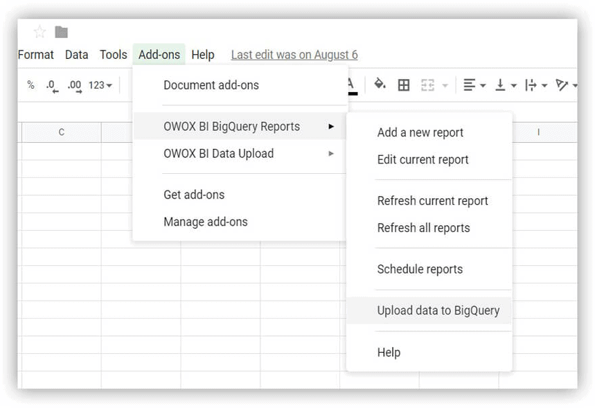 OWOX BI Add-on for Google Sheets:  BigQuery to Google Sheets