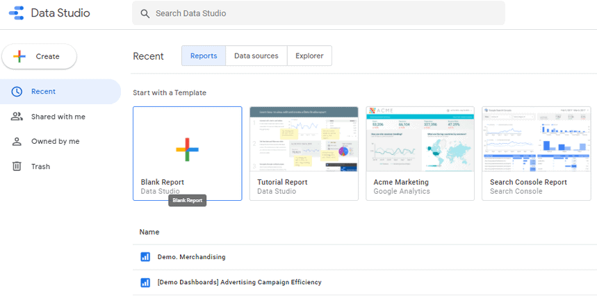 blank report Data Studio