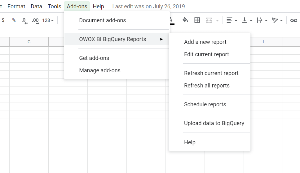 Add a new report or Upload data to BigQuery from the drop-down menu