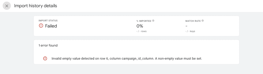 Invalid empty value detected on row campaign_id. A non-empty value must be set.