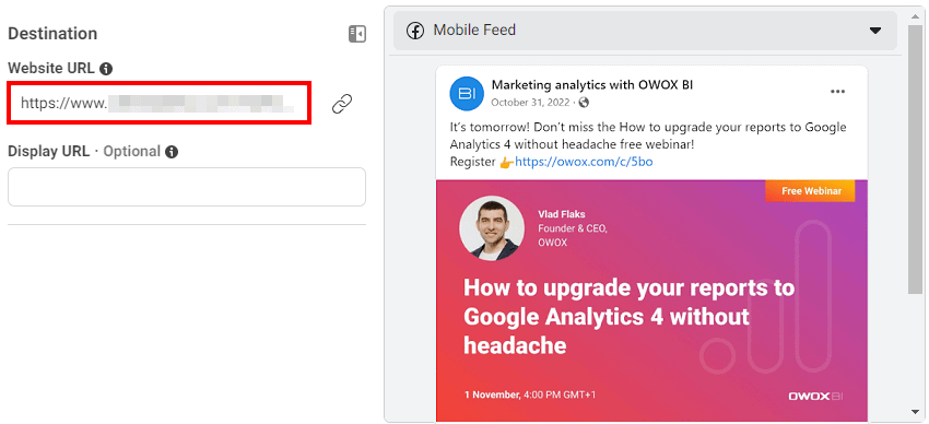 Add the generated UTM link to the Facebook ad