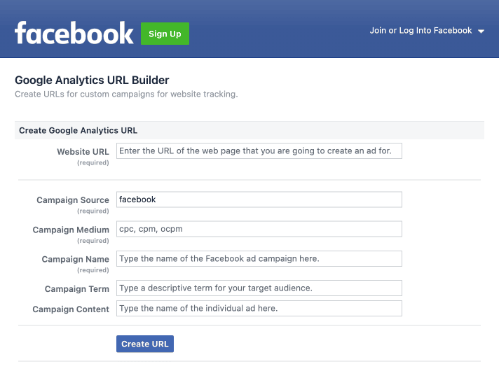 Facebook Google Analytics URL builder