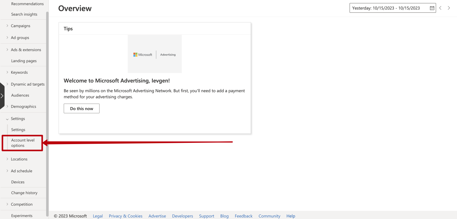 &lt;i&gt;Alt: Account level options Microsoft Ads&lt;/i&gt;