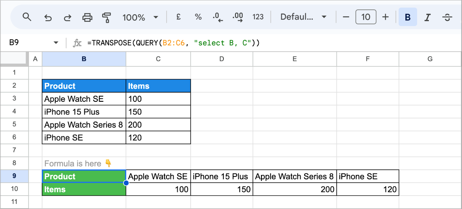 TRANSPOSE function to the QUERY results