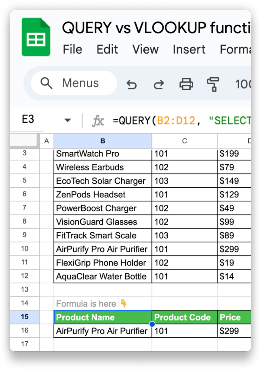QUERY and VLOOKUP functions template