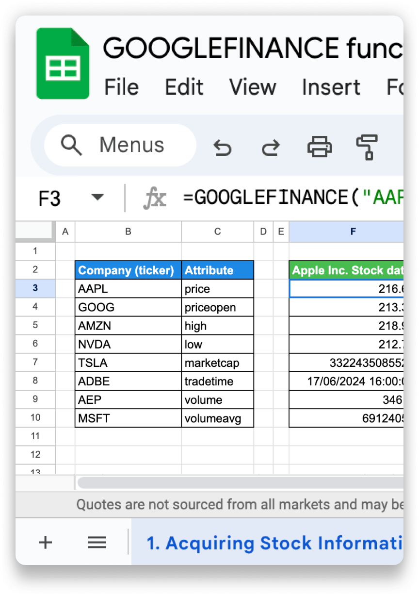 GOOGLEFINANCE Function in Google Sheet