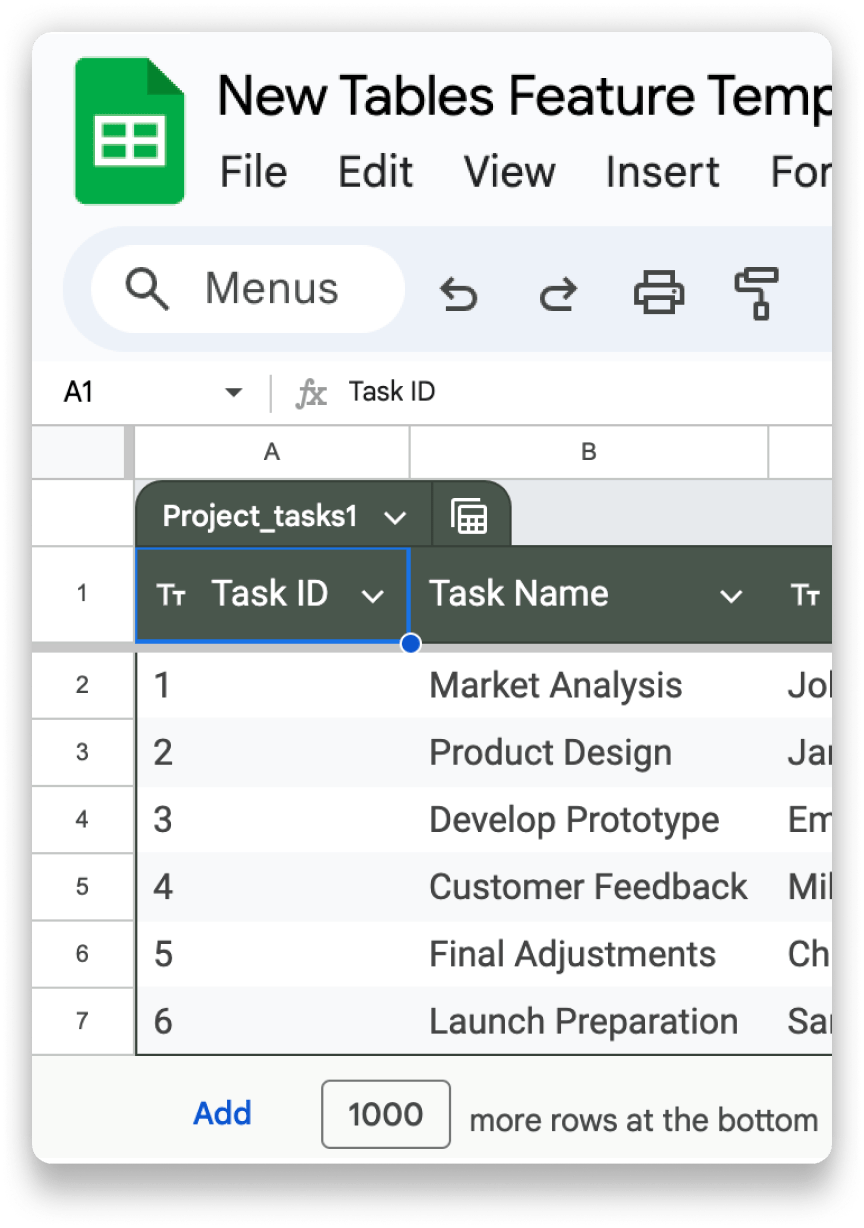 New Tables Feature Template