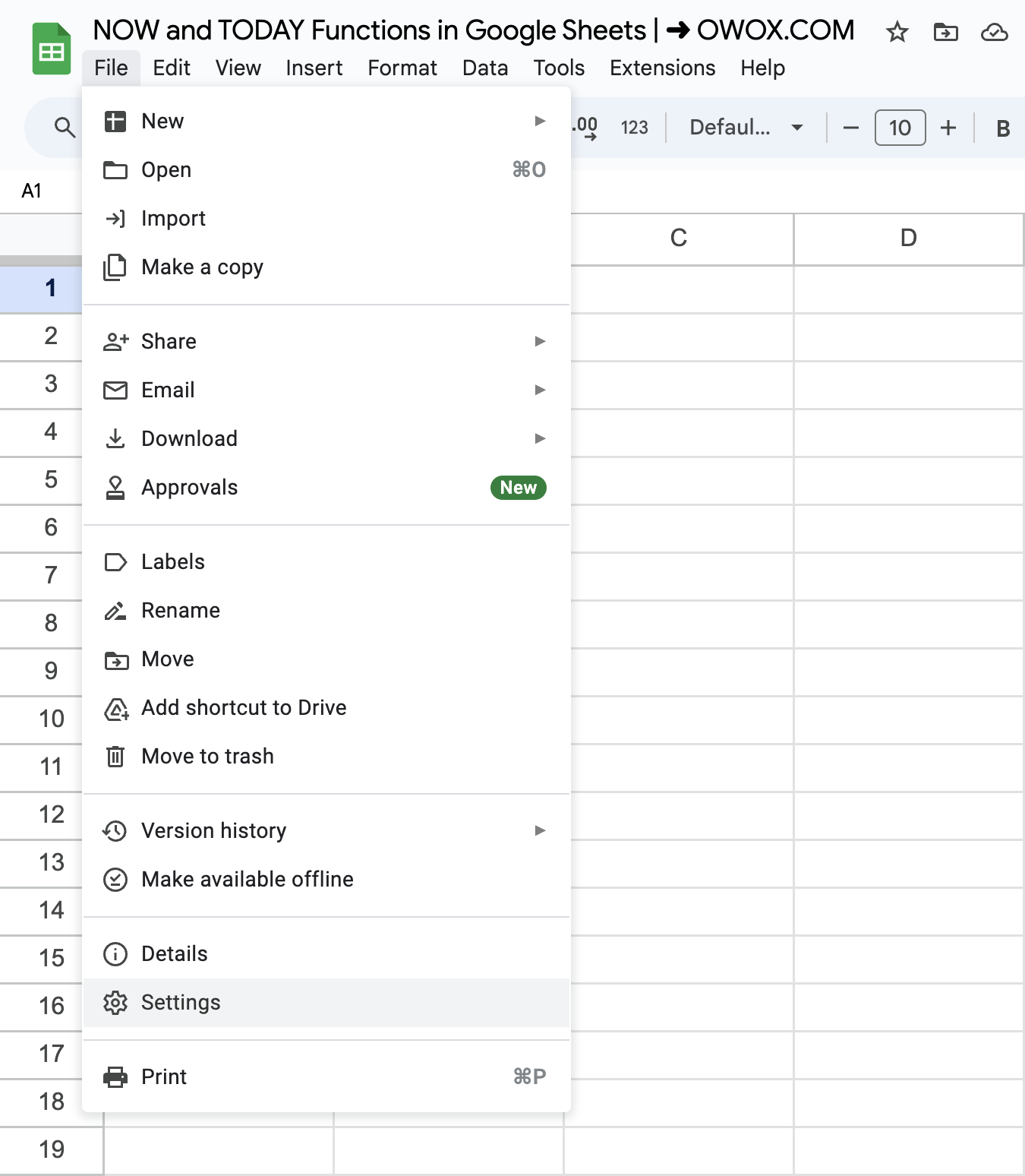 Time zone setup in Google Sheets: Step 1